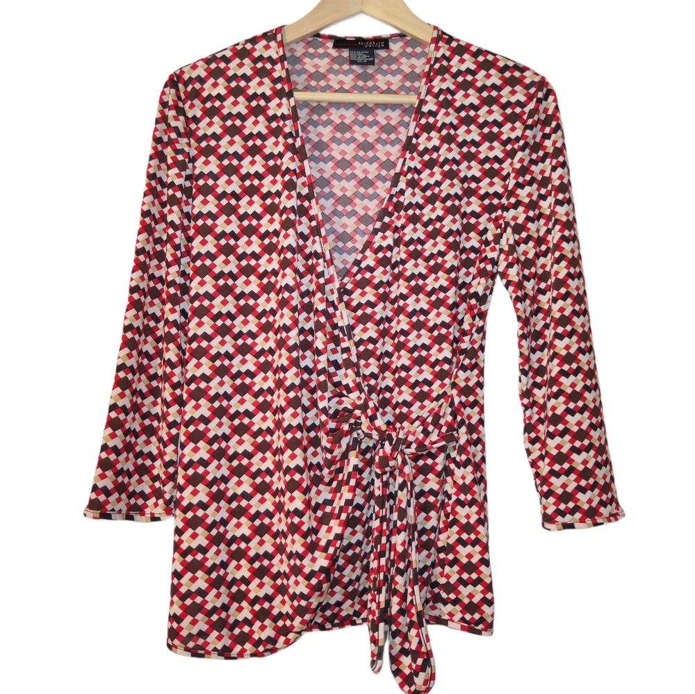 Elizabeth Dalton 100% Silk Geometric Print Wrap Blouse Top